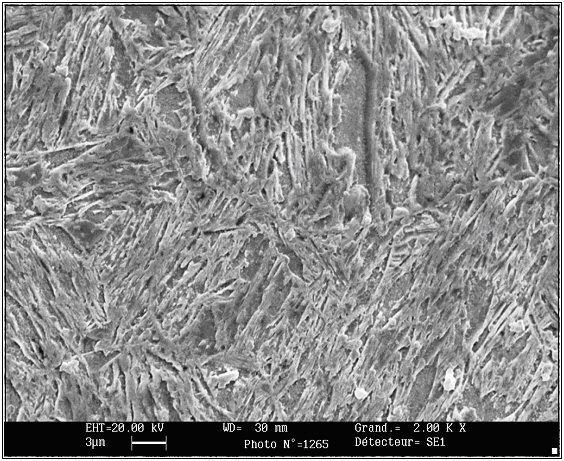 Usibor® 1500 martensitic microstructure following hot-stamping heat treatment (example: 5-minute austenitisation at 900°C, followed by water quenching or die quenching). Scanning electron micrograph