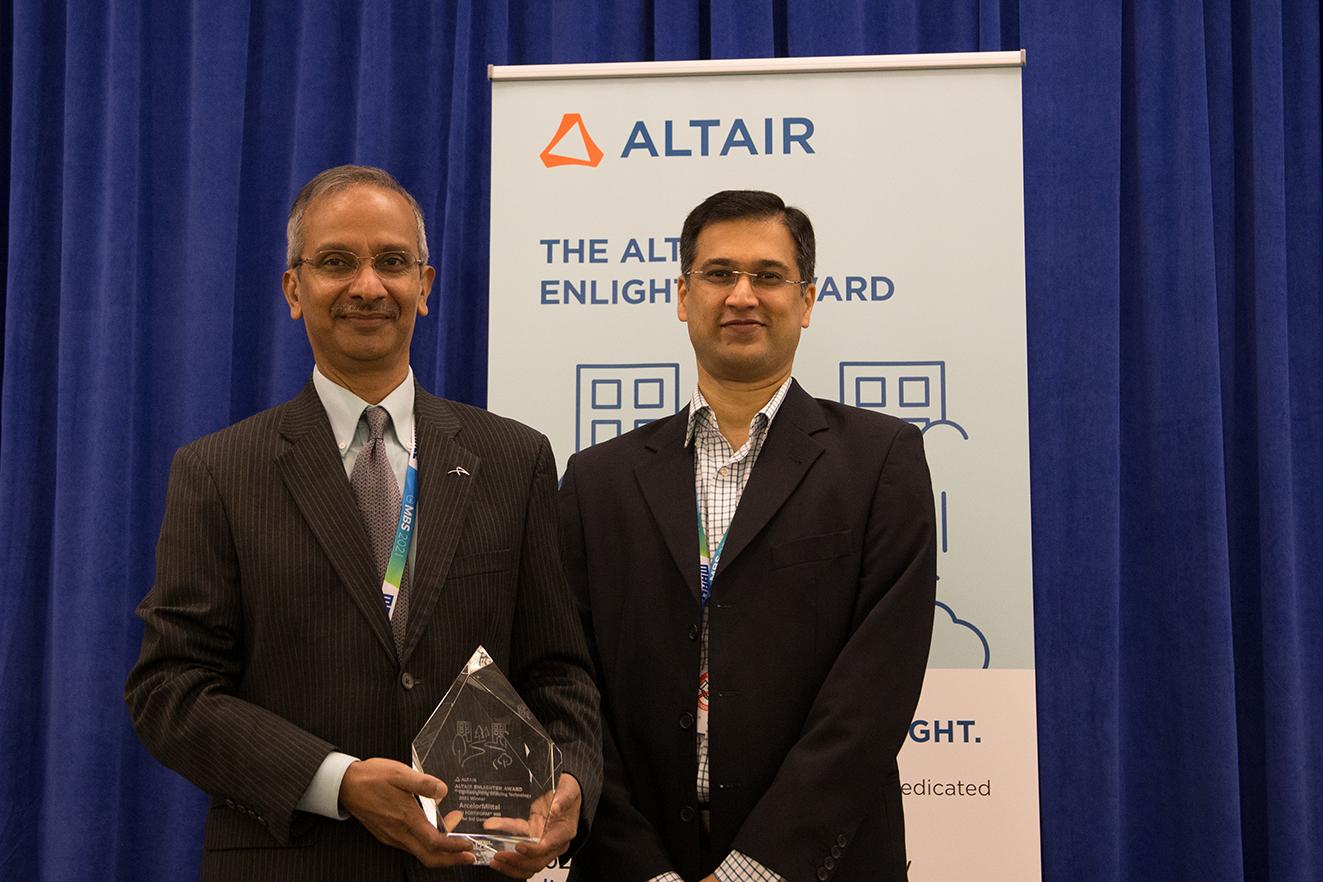 Bala Krishnan, Director Automotive Product Applications, ArcelorMittal Global R&D (left) and Shalaj Gupta, Director, Marketing and Performance Improvement, ArcelorMittal (right), Accepting the award on August 4, 2021 at the CAR Management Briefing Seminars in Traverse City, MI.